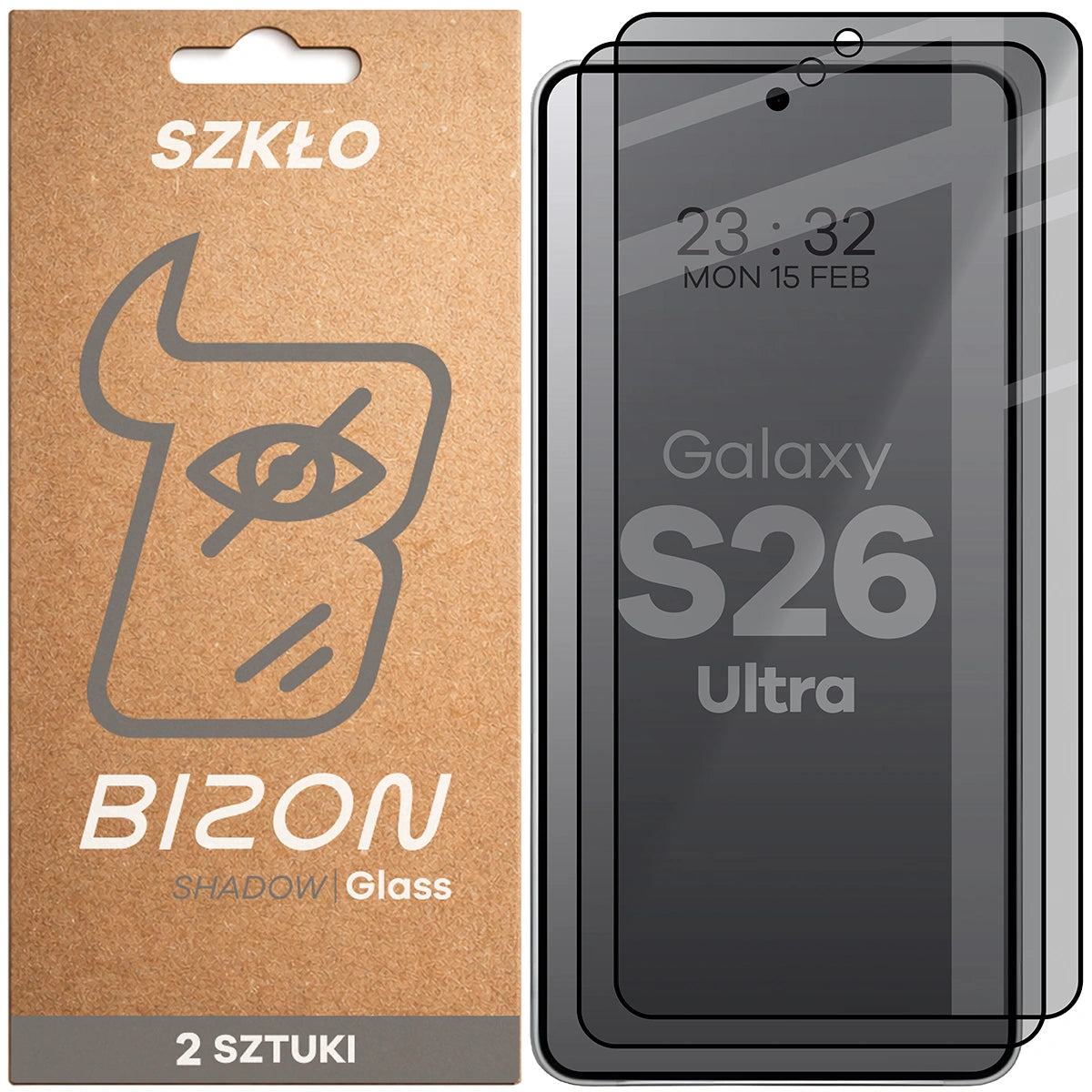 Gehärtetes Glas mit Privatschutzfilter für Galaxy S26 Ultra, Bizon Glass Edge Shadow Duo, getönt mit schwarzer Rahmen, 2 Stück