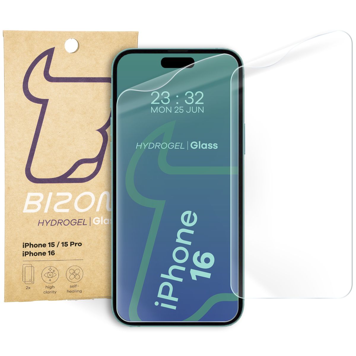 Hydrogel Folie für den Bildschirm Bizon Glass Hydrogel Front Duo für iPhone 15 / 15 Pro / 16, 2 Stück