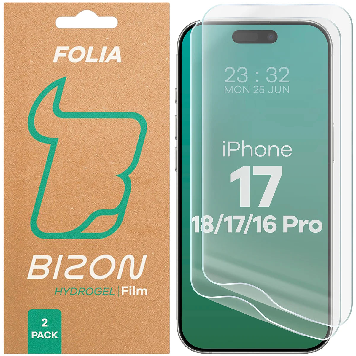 Hydrogel Folie für den Bildschirm für iPhone 18 Pro / 17 / 17 Pro / 16 Pro, Bizon Film Hydrogel Front Duo, 2 Stück