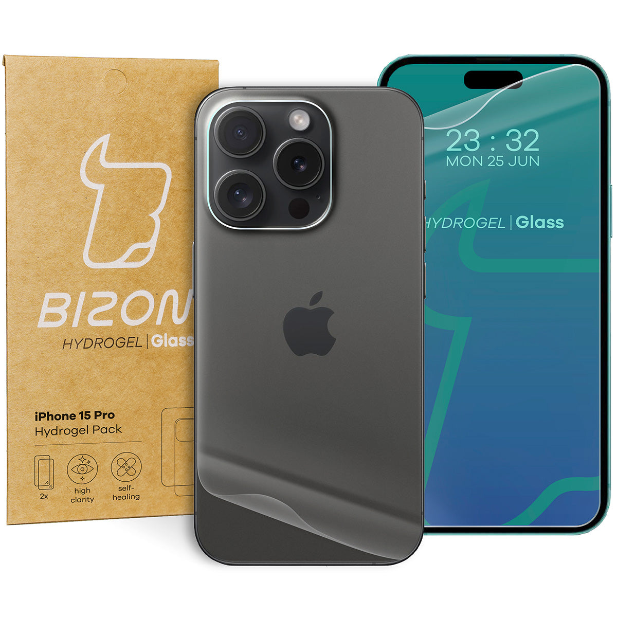 Hydrogel Folie für Display und Rückseite Bizon Glass Hydrogel Pack, iPhone 15 Pro, 2 Stück