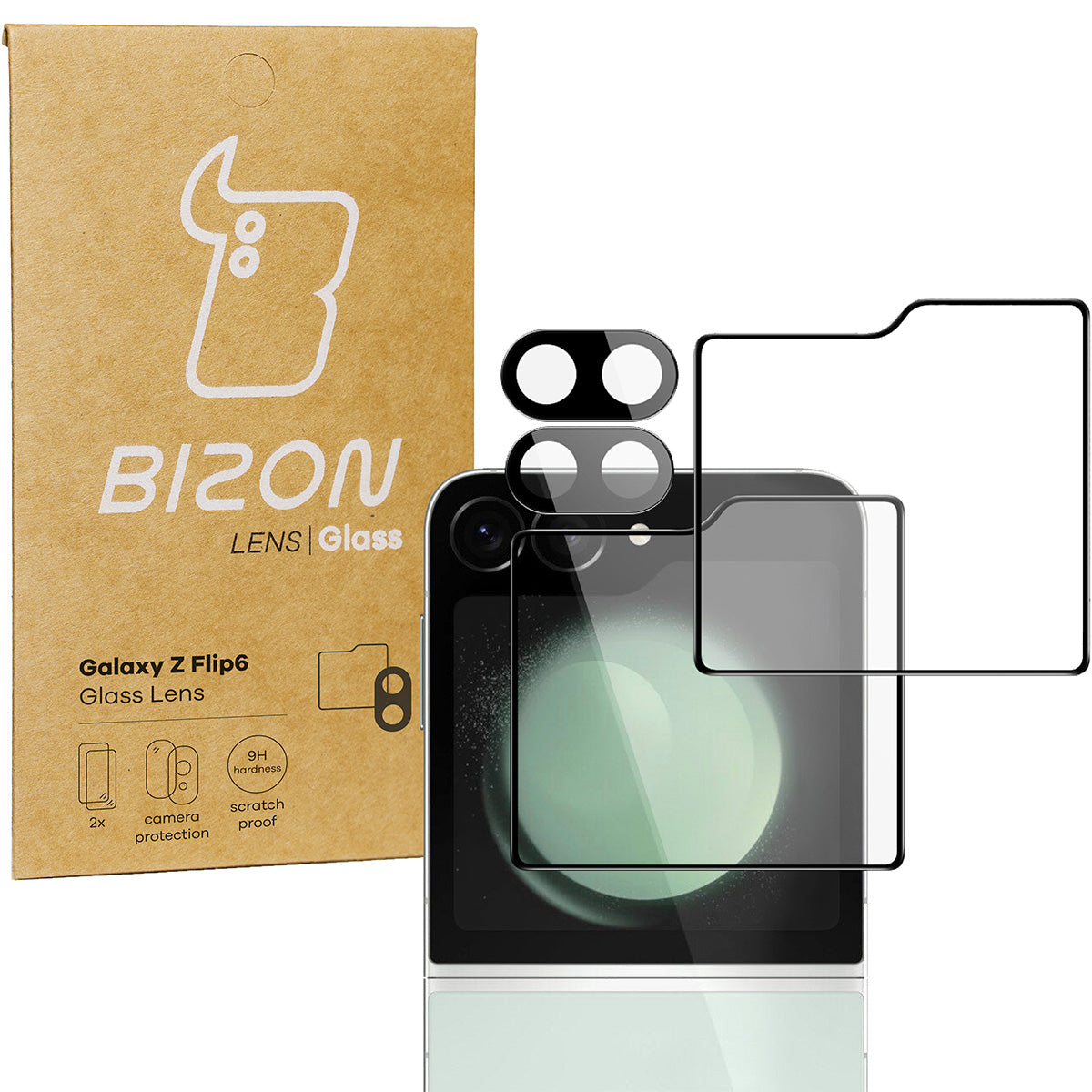 Gehärtetes Glas für die Kamera + für den äußeren Bildschirm für Galaxy Z Flip6, Bizon Glass Silk Lens, 2 Sets