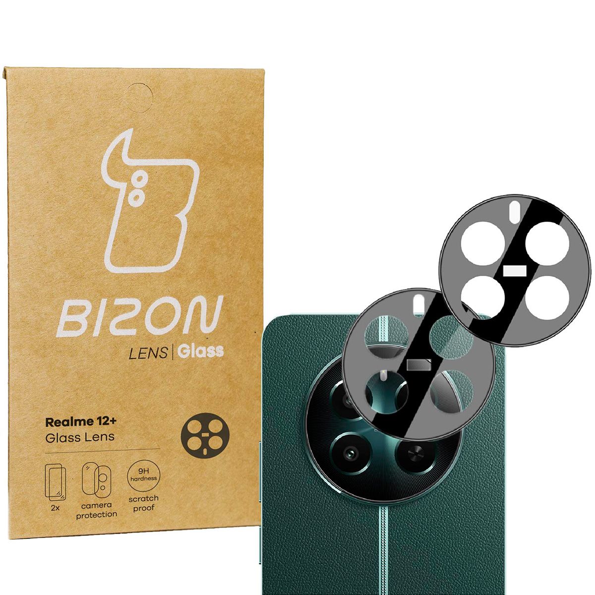Gehärtetes Glas für die Kamera für Realme 12+, Bizon Glass Silk Lens, 2 Stück
