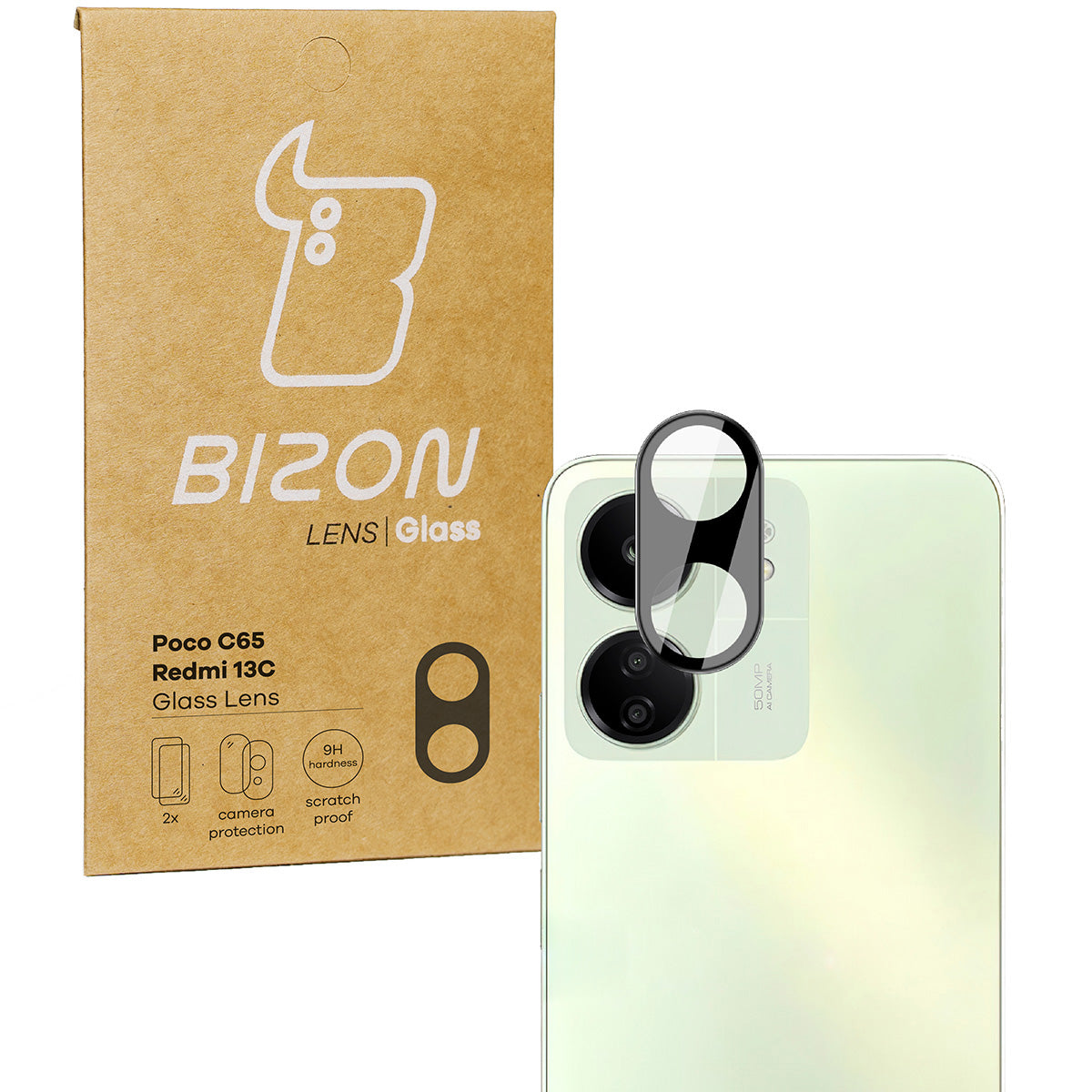 Gehärtetes Glas für die Kamera für Redmi 13C/Poco C65, Bizon Glass Silk Lens, 2 Stück