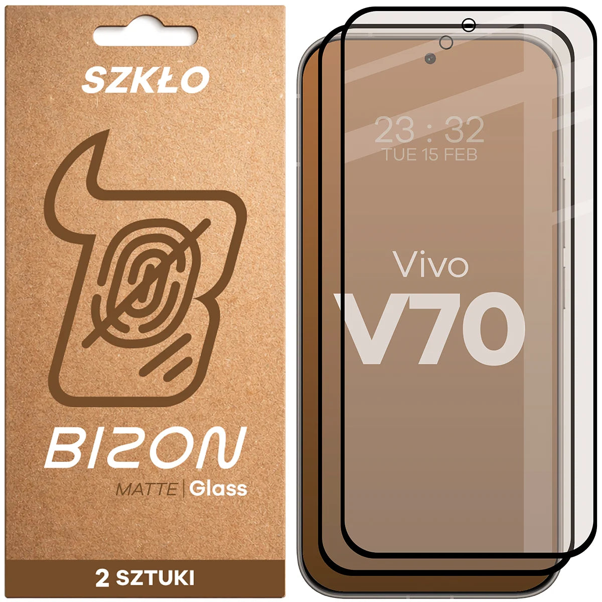 Mattes Hartglas für Vivo V70 5G, Bizon Glass Matte Duo, Schwarzer Rahmen, 2 Stück