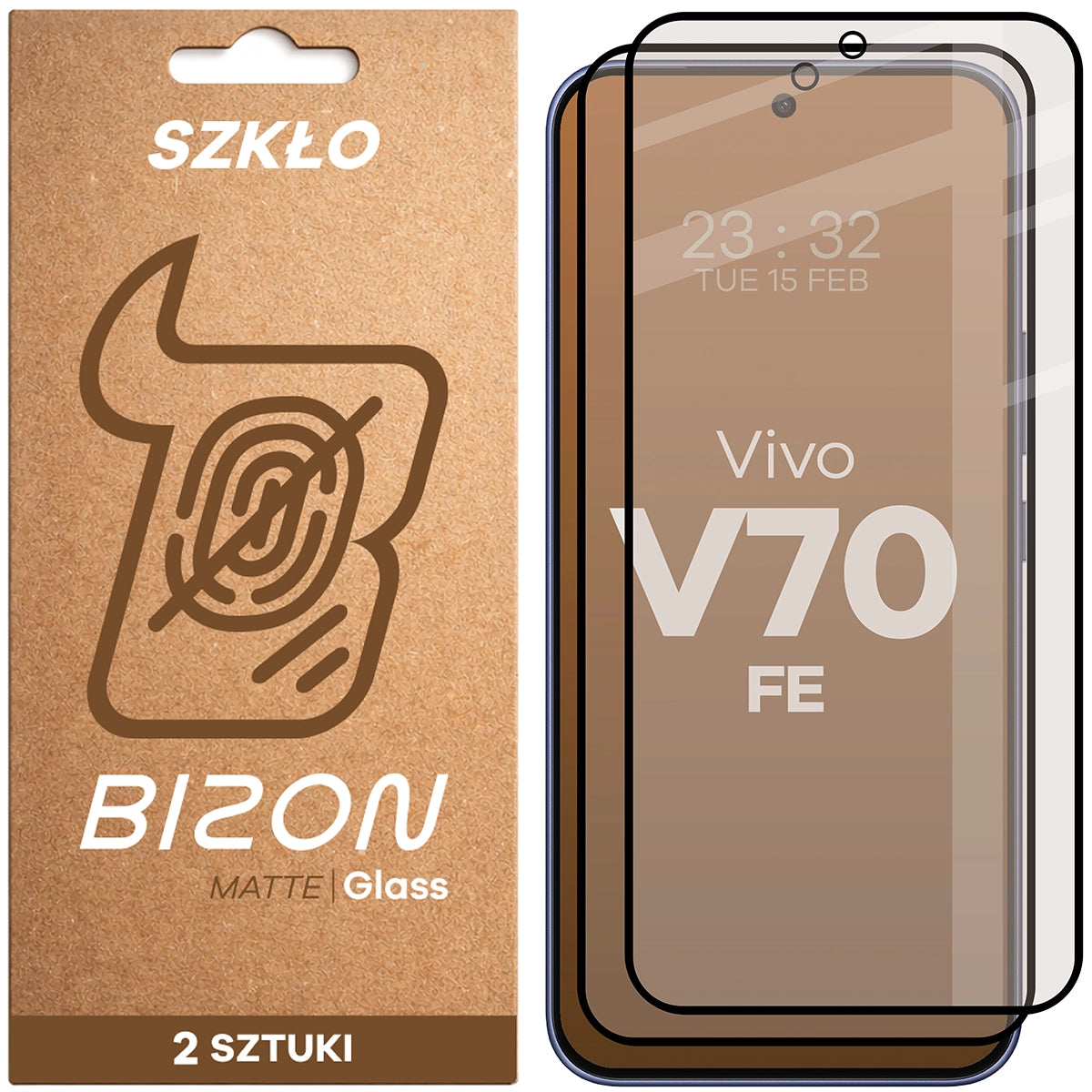 Mattes Hartglas für Vivo V70 FE 5G, Bizon Glass Matte Duo, Schwarzer Rahmen, 2 Stück