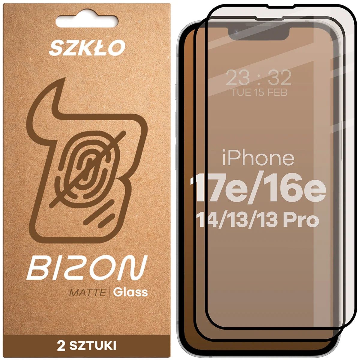 Mattes Hartglas für iPhone 17e / 16e / 14 / 13 Pro / 13, Bizon Glass Matte Duo, Schwarzer Rahmen, 2 Stück
