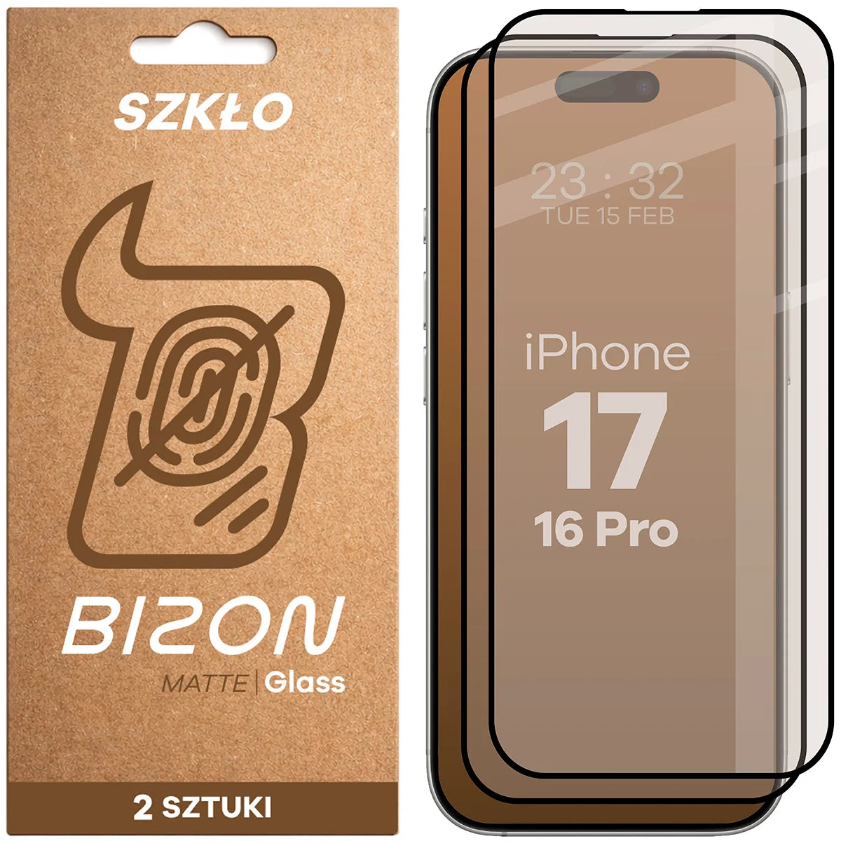 Mattes Hartglas für iPhone 16 Pro / 17, Bizon Glass Matte Duo, Schwarzer Rahmen, 2 Stück