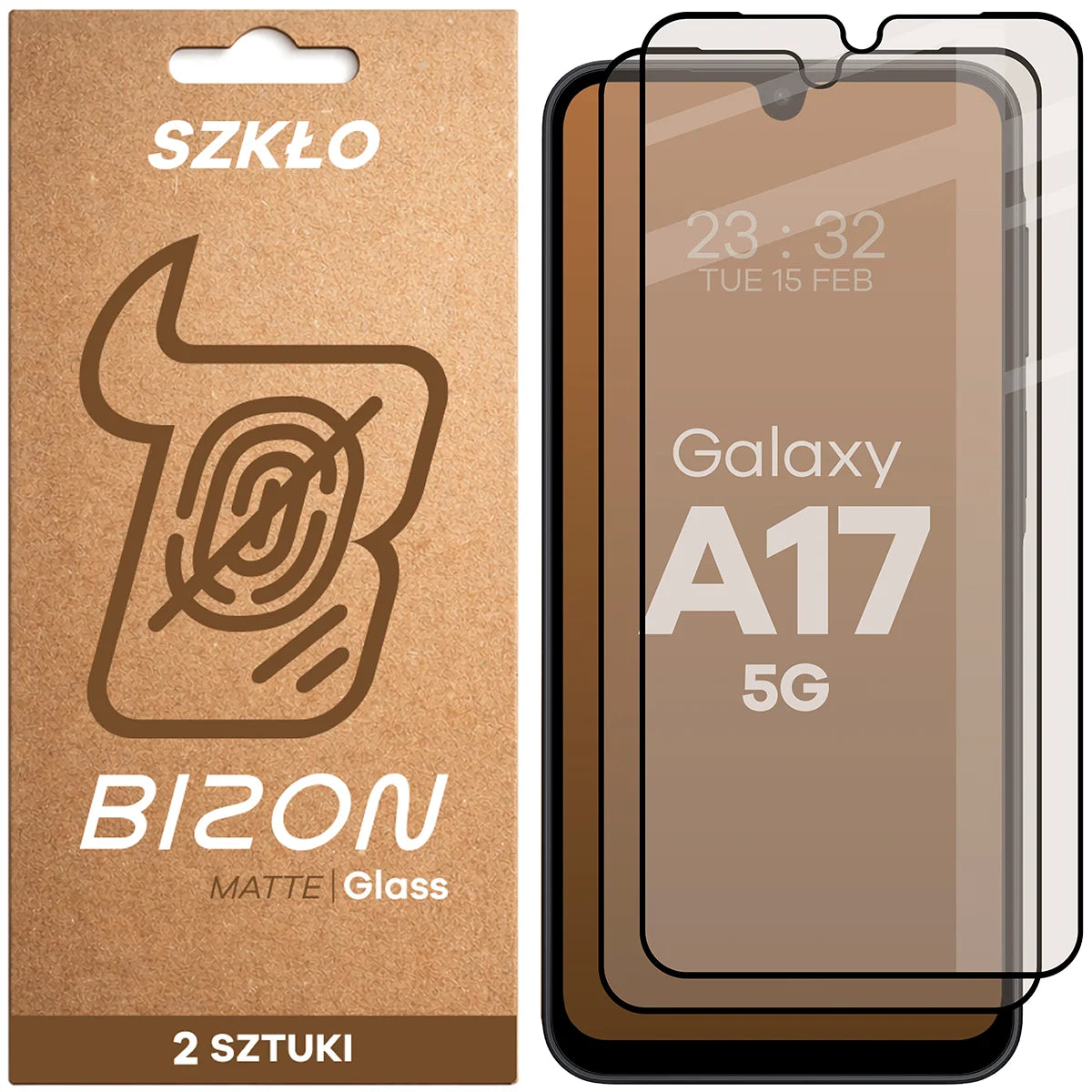 Mattes Hartglas für Galaxy A17 5G, Bizon Glass Matte Duo, Schwarzer Rahmen, 2 Stück