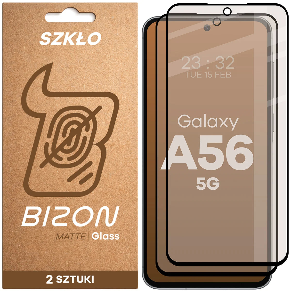 Mattes Hartglas für Galaxy A56 5G, Bizon Glass Matte Duo, Schwarzer Rahmen, 2 Stück