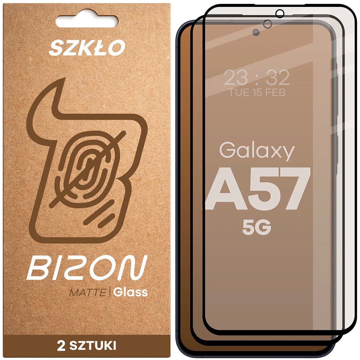 Mattes Hartglas für Galaxy A57 5G, Bizon Glass Matte Duo, Schwarzer Rahmen, 2 Stück
