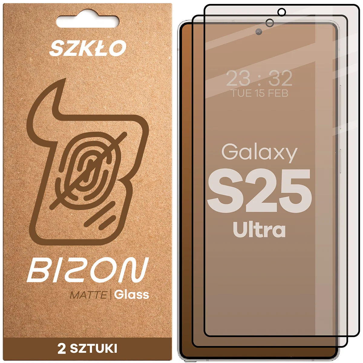 Mattes Hartglas für Galaxy S25 Ultra, Bizon Glass Matte Duo, Schwarzer Rahmen, 2 Stück