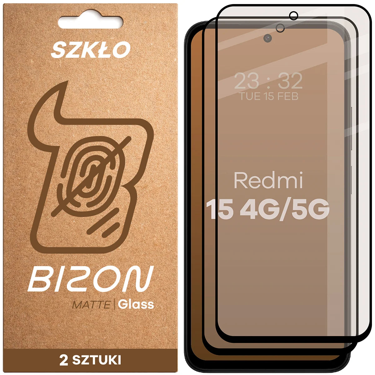 Mattes Hartglas für Xiaomi Redmi 15 4G / 5G, Bizon Glass Matte Duo, Schwarzer Rahmen, 2 Stück