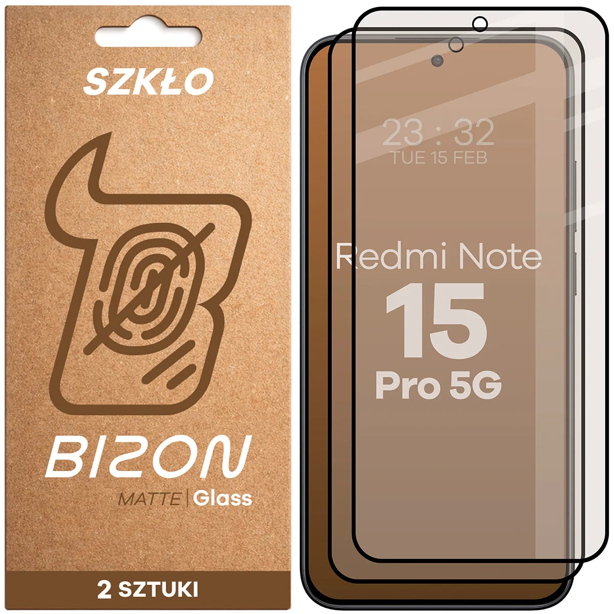Mattes Hartglas für Xiaomi Redmi Note 15 Pro 5G, Bizon Glass Matte Duo, Schwarzer Rahmen, 2 Stück