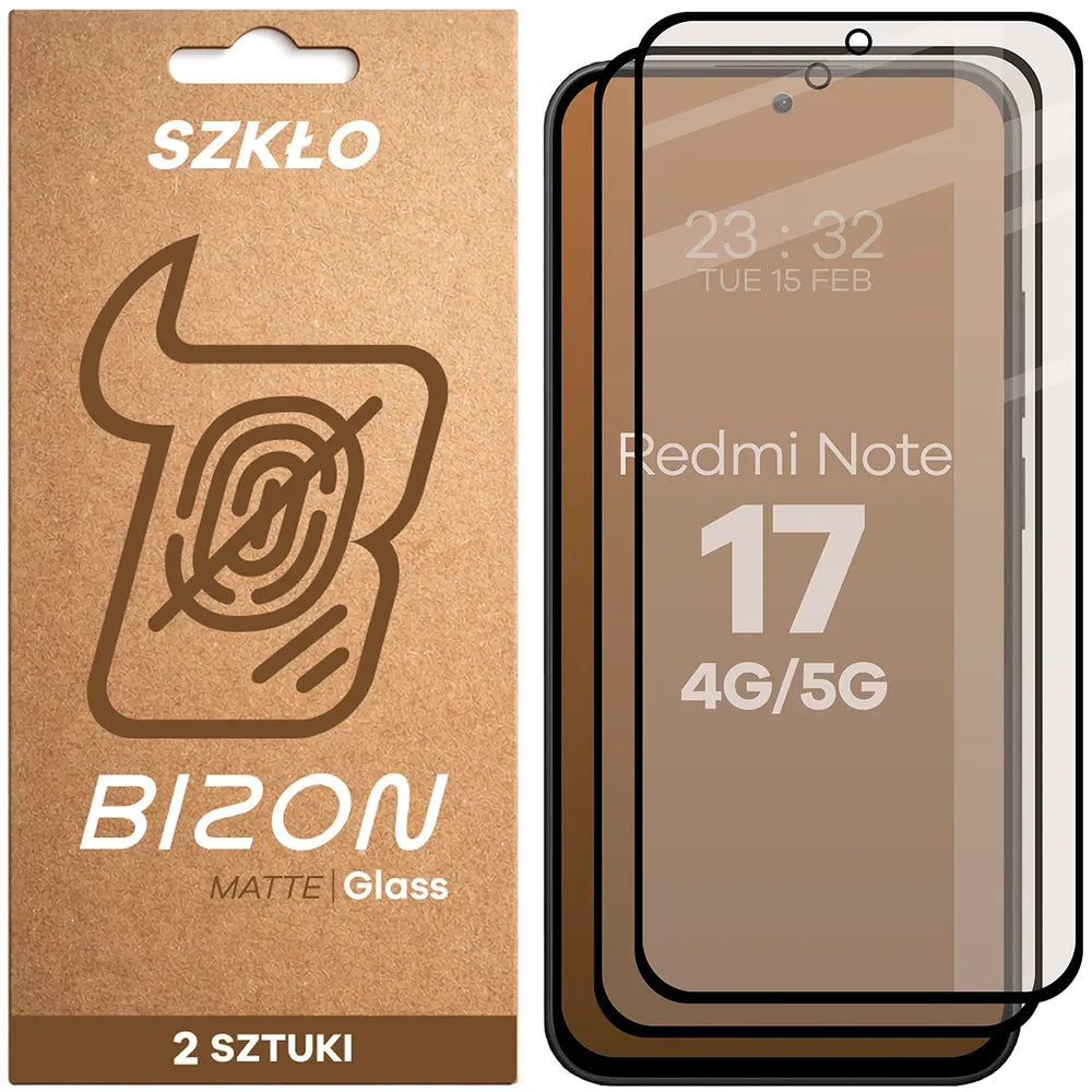 Mattes Hartglas für Xiaomi Redmi Note 17 4G/5G, Bizon Glass Matte Duo, Schwarzer Rahmen, 2 Stück (1/4)