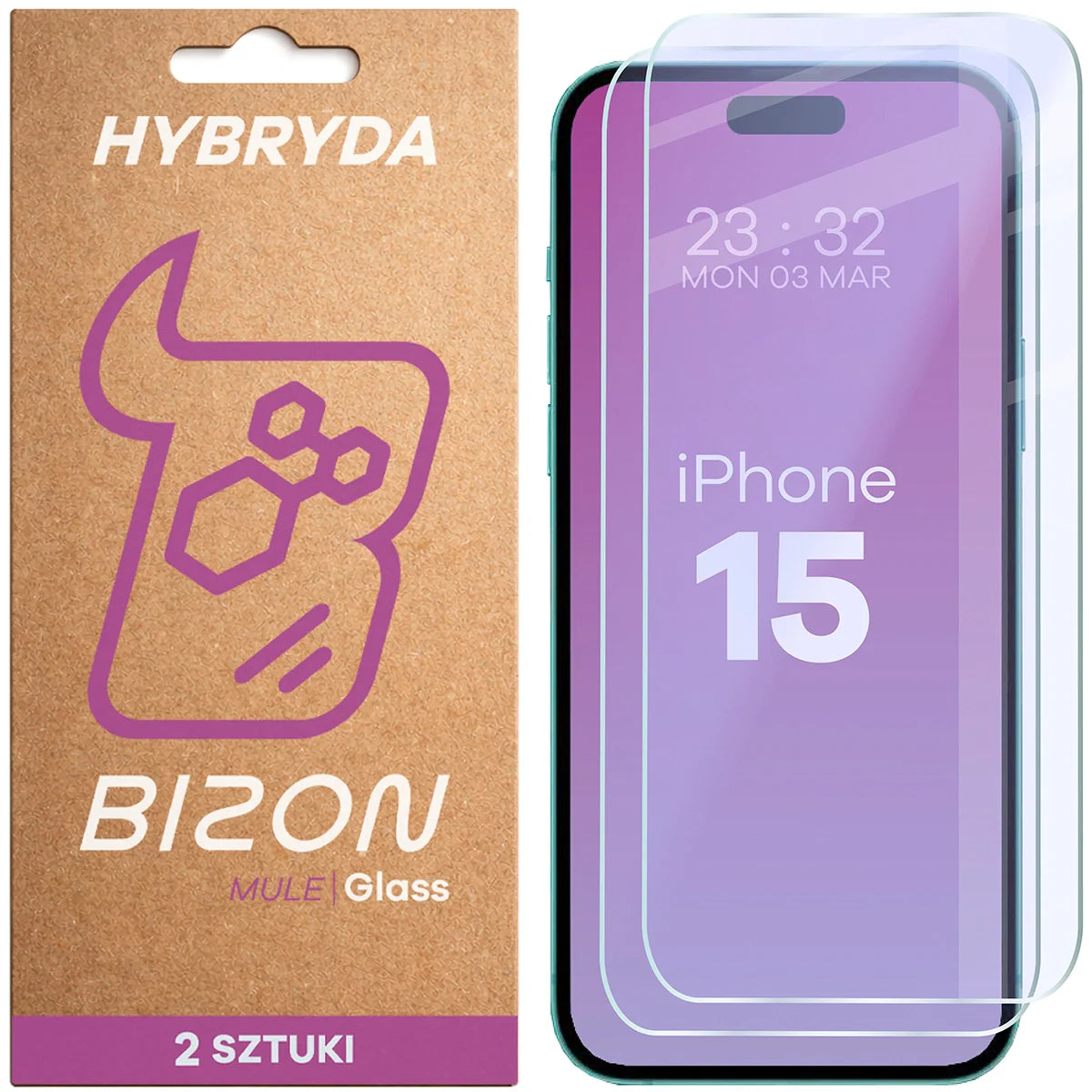 Flexibles Hybridglas für iPhone 15, Bizon Hybrid Mule Duo, 2 Stück