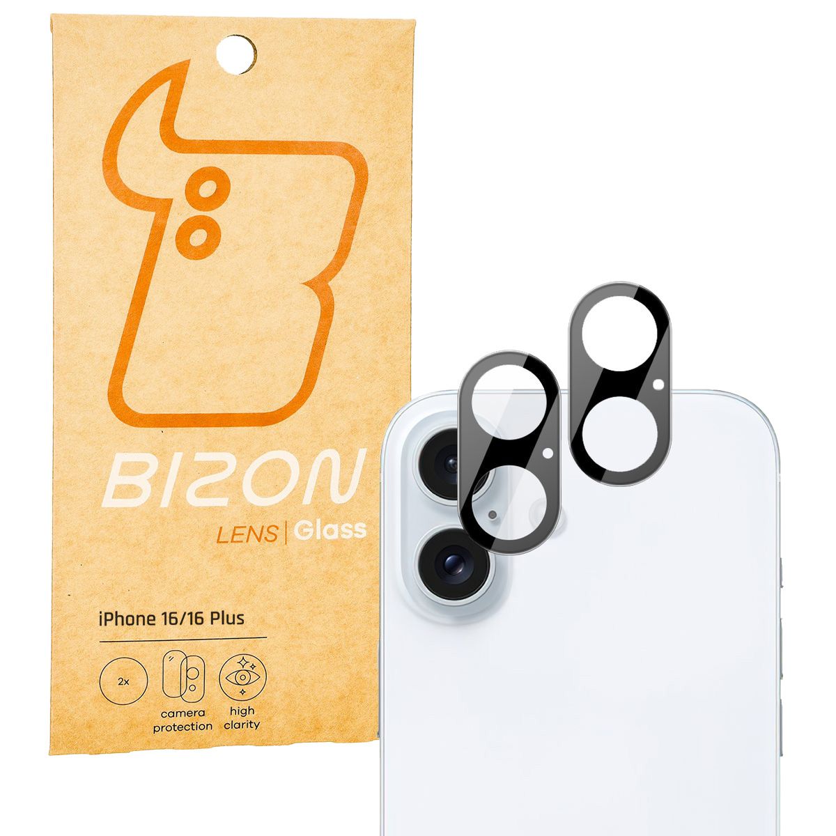 Gehärtetes Glas für die Kamera für iPhone 16 / 16 Plus, Bizon Glass Silk Lens, 2 Stück
