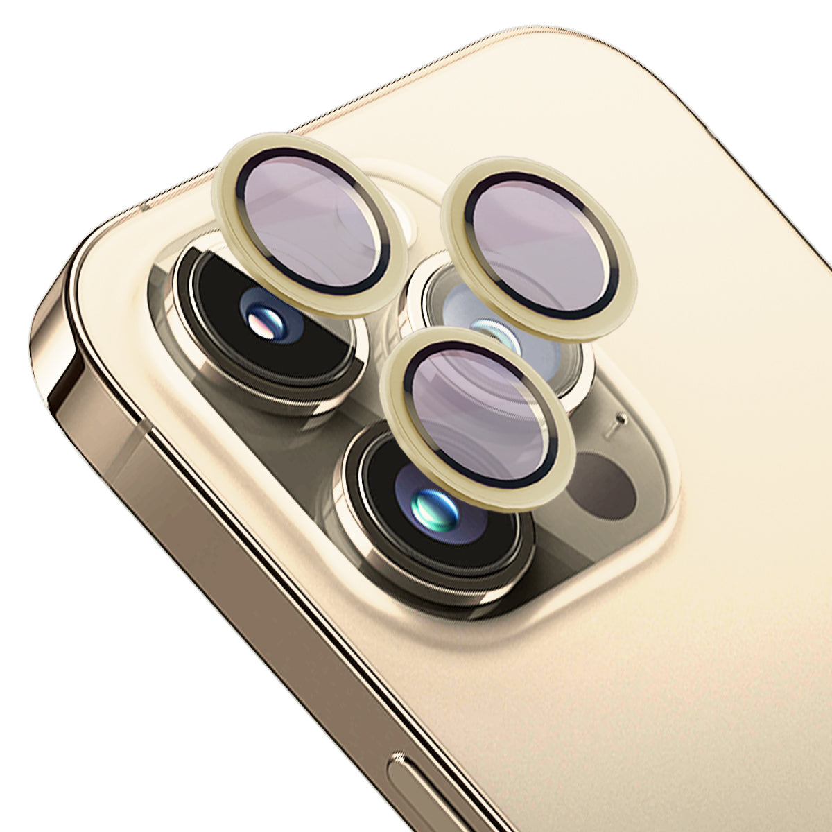 Glas für die Kamera mit Applikator für iPhone 14 Pro/14 Pro Max, Bizon Glass Snap Lens, 1 Set, Goldener Rahmen
