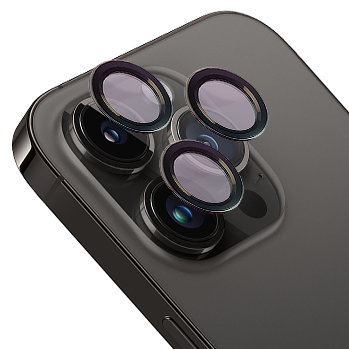 Gehärtetes Kamera-Schutzglas mit Applikator für iPhone 14 Pro/Pro Max von Bizon Glass, schwarz, Nahaufnahme.
