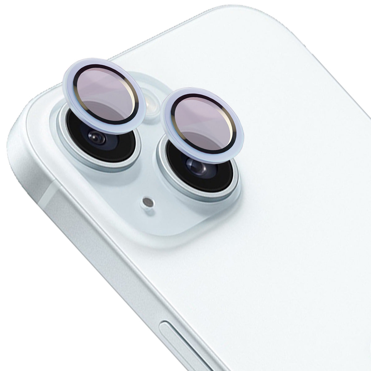 Gehärtetes Glas für die Kamera mit Applikator für iPhone 15/15 Plus, Bizon Glass Snap Lens, 1 Set, Hellblauer Rahmen