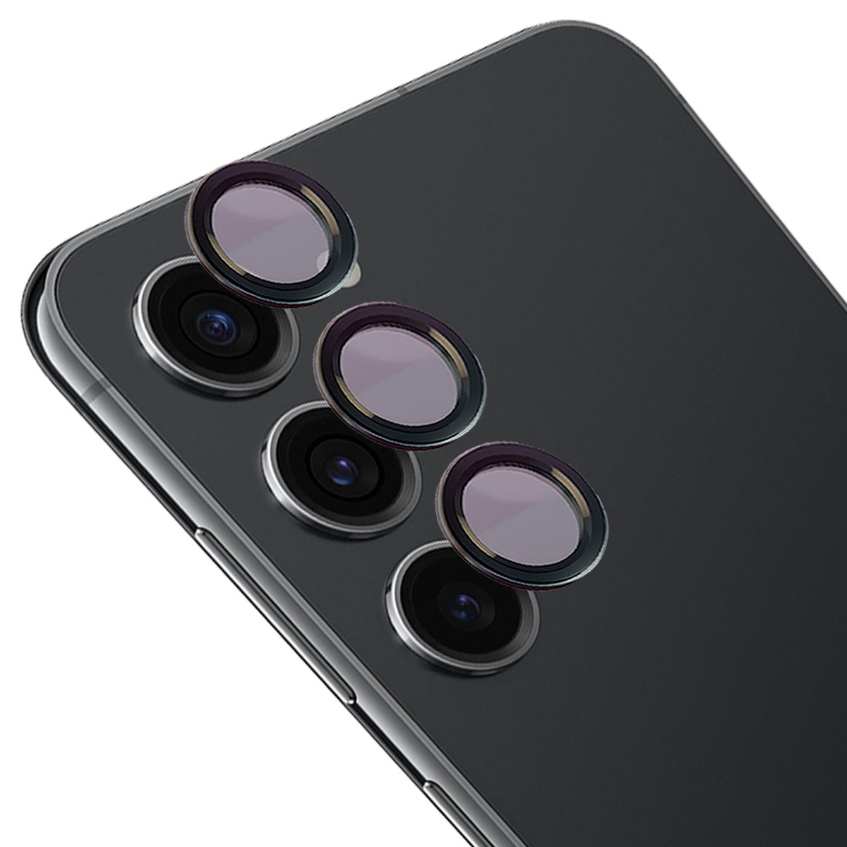 Samsung Galaxy S23 mit Bizon Glass Snap Lens Kameraschutz aus gehärtetem Glas, schwarz, mit Applikator.