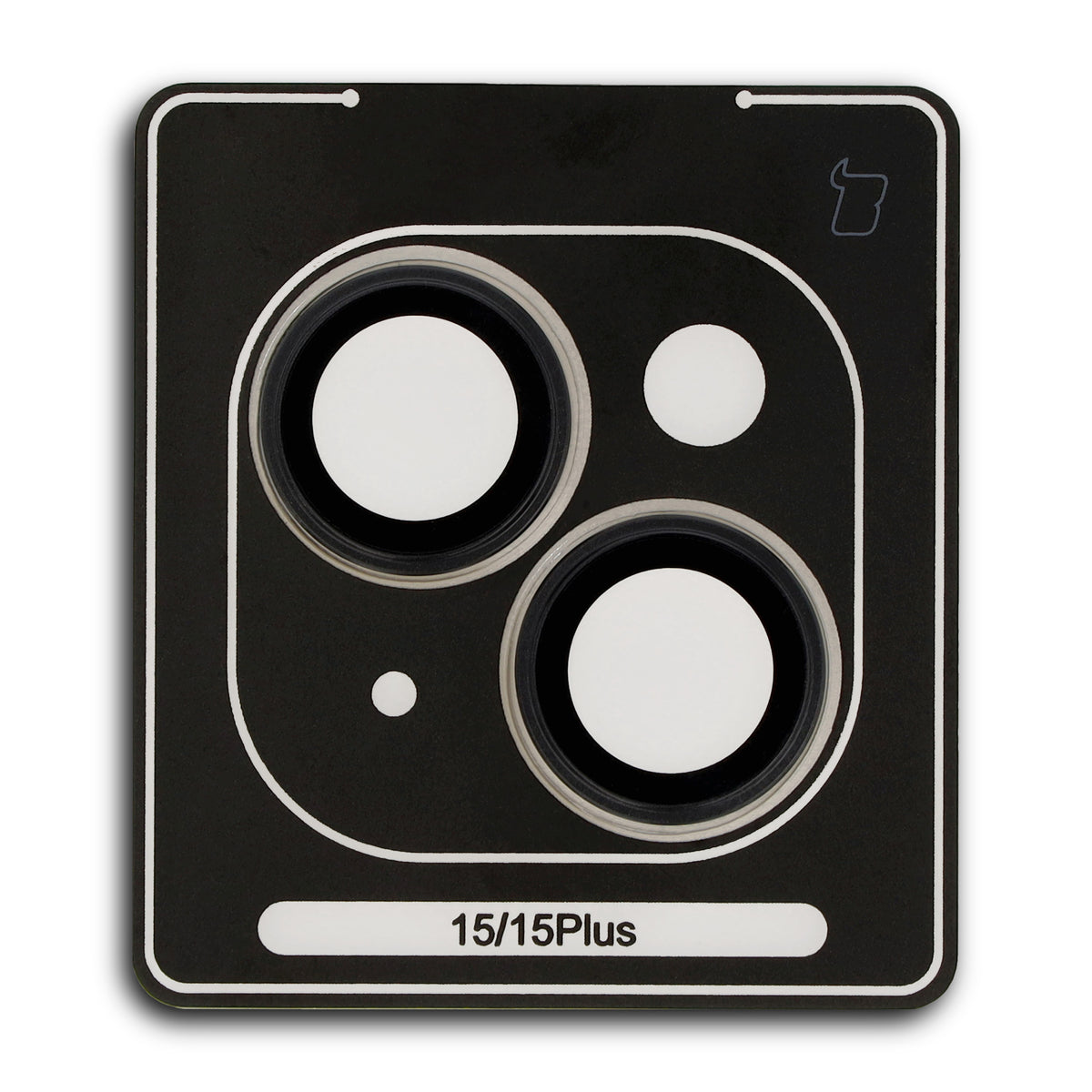 Gehärtetes Schutzglas für iPhone 15/15 Plus Kamera mit Applikator von Bizon Glass Snap Lens in Schwarz.