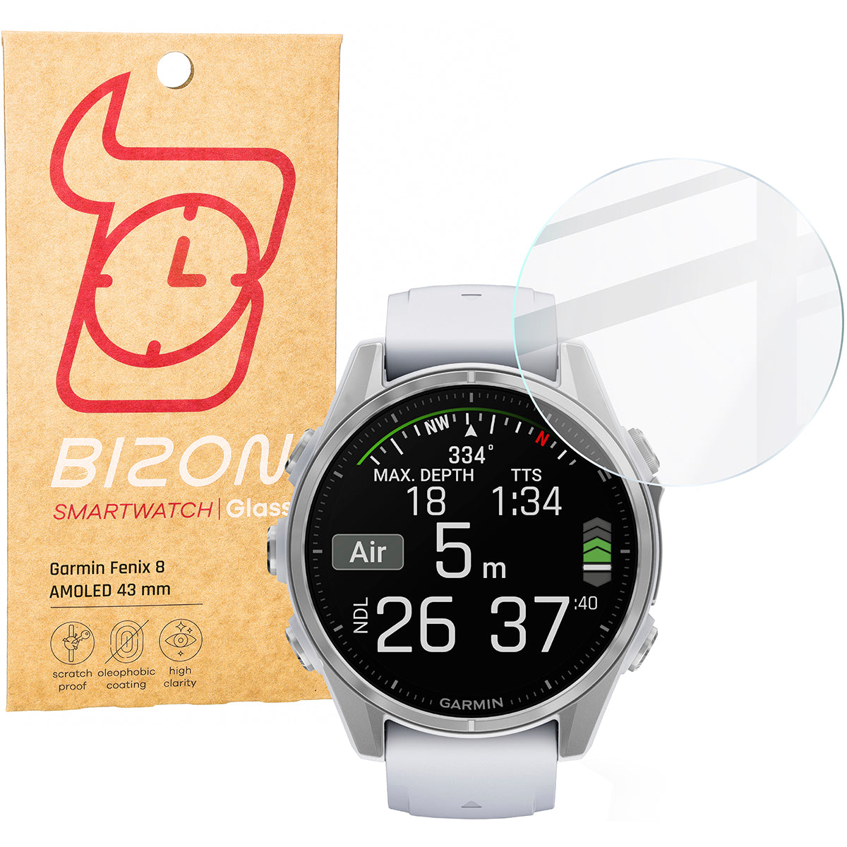 Gehärtetes Glas für Garmin Fenix 8 AMOLED 43 mm, Bizon Glass Watch Clear, Transparent