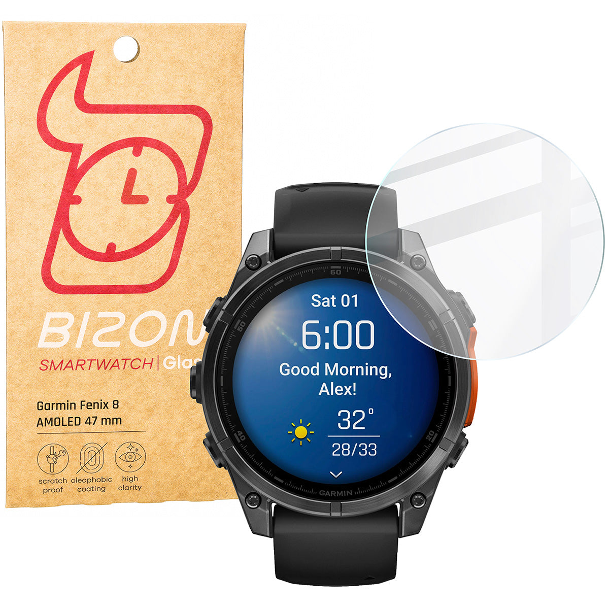 Gehärtetes Glas für Garmin Fenix 8 AMOLED 47 mm, Bizon Glass Watch Clear, Transparent