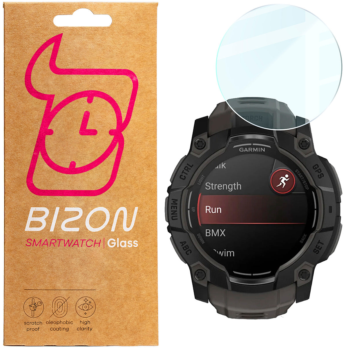 Gehärtetes Glas für Garmin Instinct 3 50 mm, Bizon Glass Watch Clear, Transparent