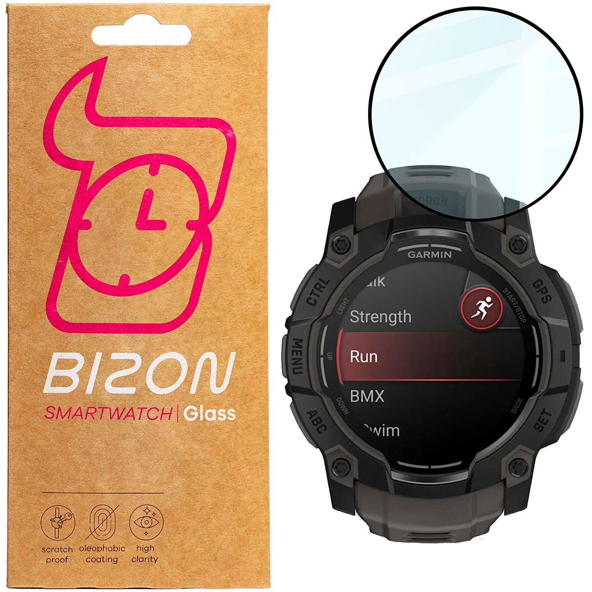 Hybrides Glas für Garmin Instinct 3 50 mm, Bizon Glass Watch Edge Hybrid, Schwarz