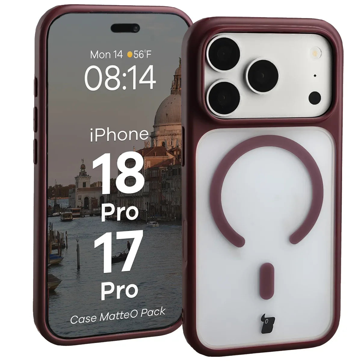 Schutzhülle mit Magnetring + gehärtetem Glas für iPhone 18 Pro / 17 Pro, Bizon MatteO Pack, Semitransparent mit burgunderrotem Rahmen (3/9)