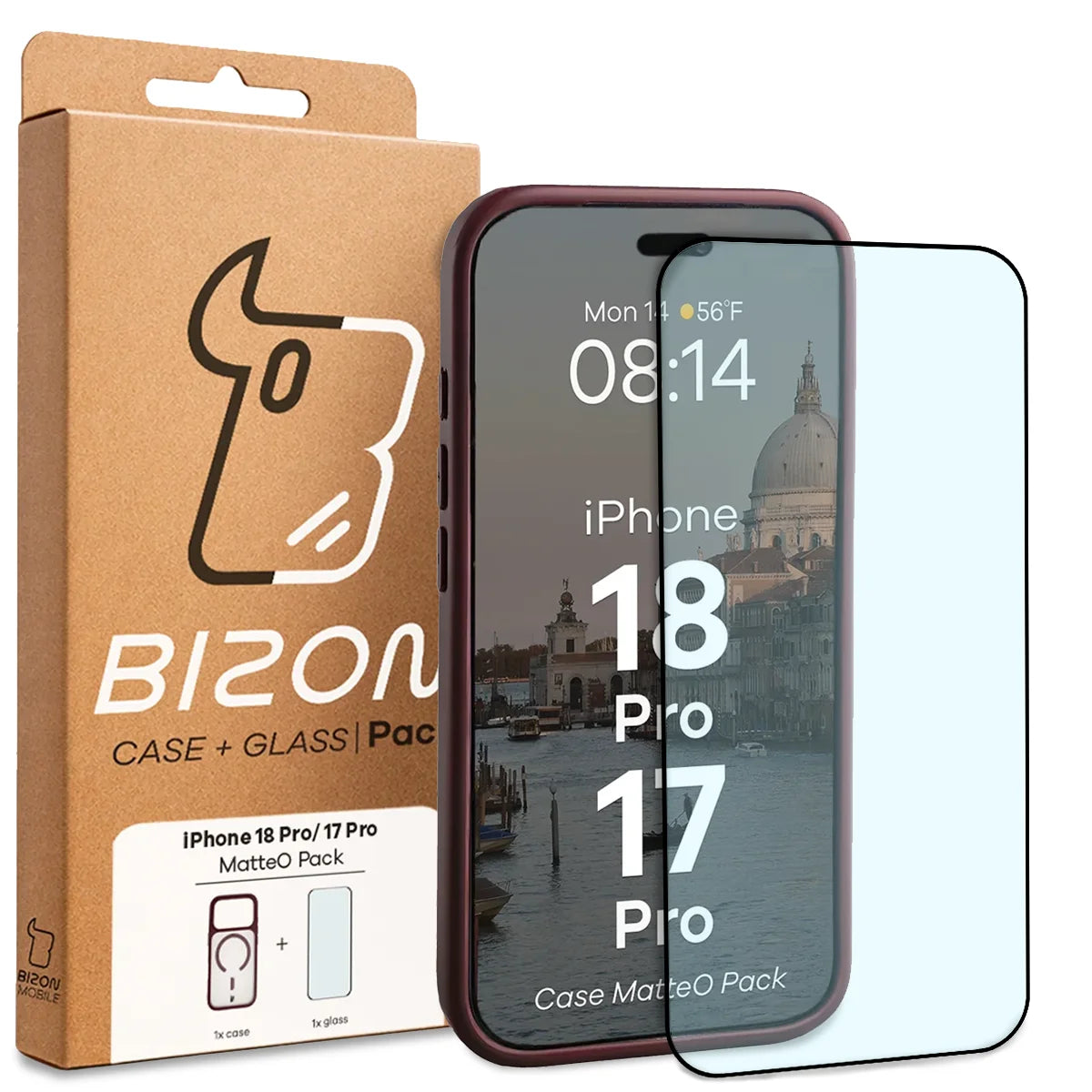 Schutzhülle mit Magnetring + gehärtetem Glas für iPhone 18 Pro / 17 Pro, Bizon MatteO Pack, Semitransparent mit burgunderrotem Rahmen (9/9)