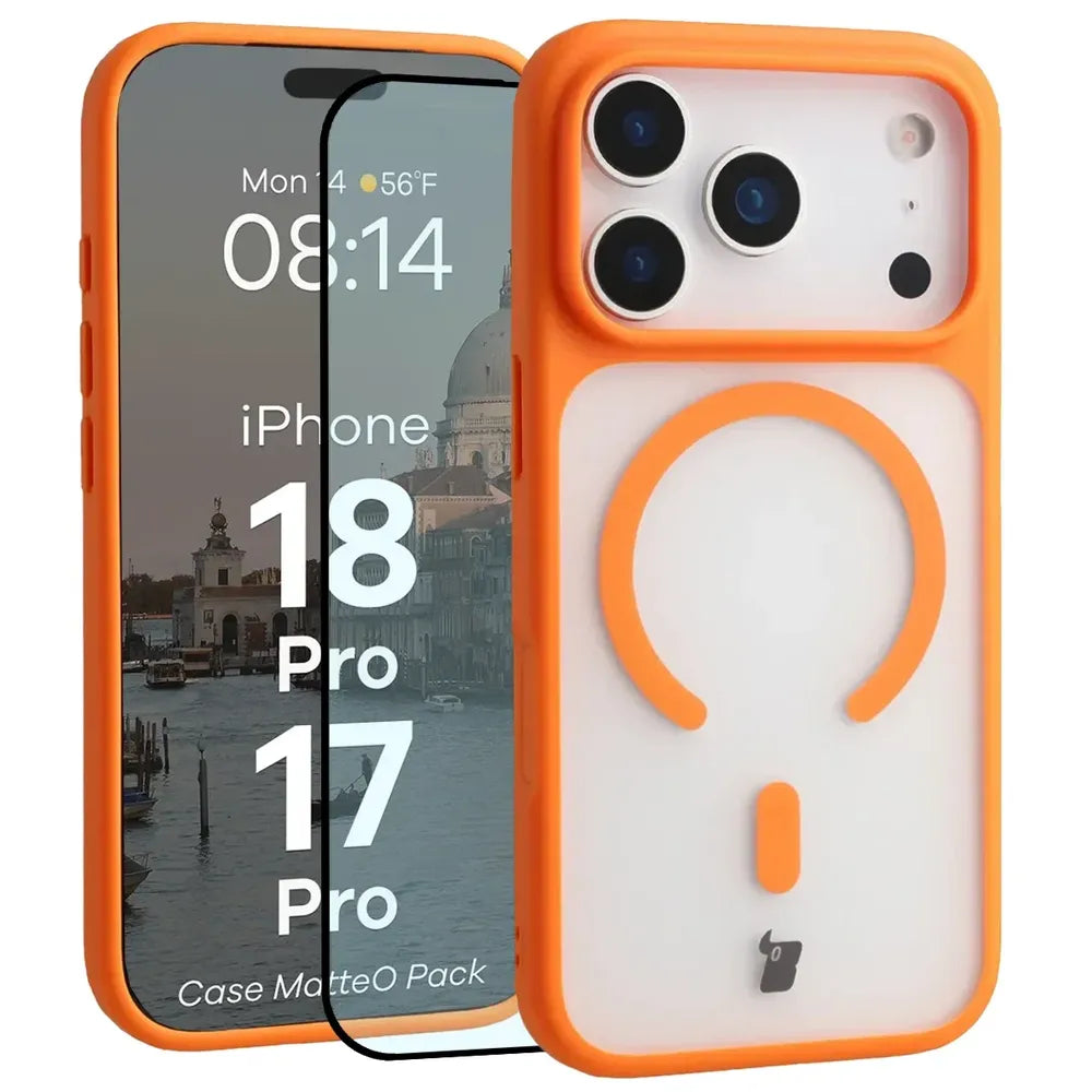 Handyhülle mit Magnetring + gehärtetem Glas für iPhone 18 Pro / 17 Pro, Bizon MatteO Pack, Getönt-Orange (1/9)