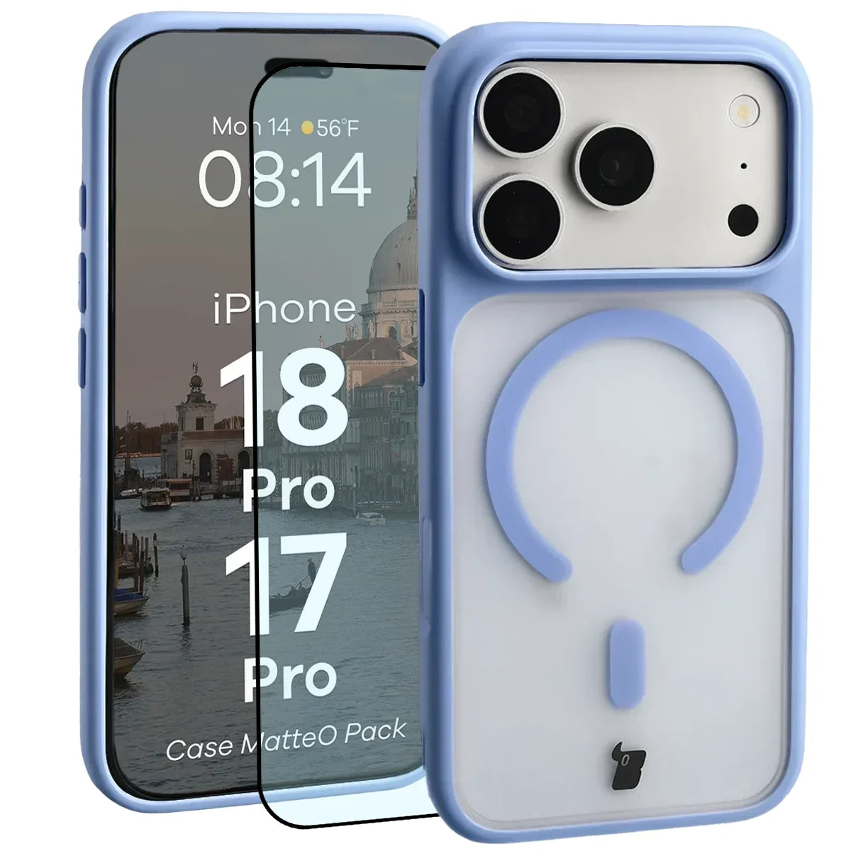 Schutzhülle mit Magnetring + gehärtetem Glas für iPhone 18 Pro / 17 Pro, Bizon MatteO Pack, Semitransparent mit hellblauem Rahmen (1/9)