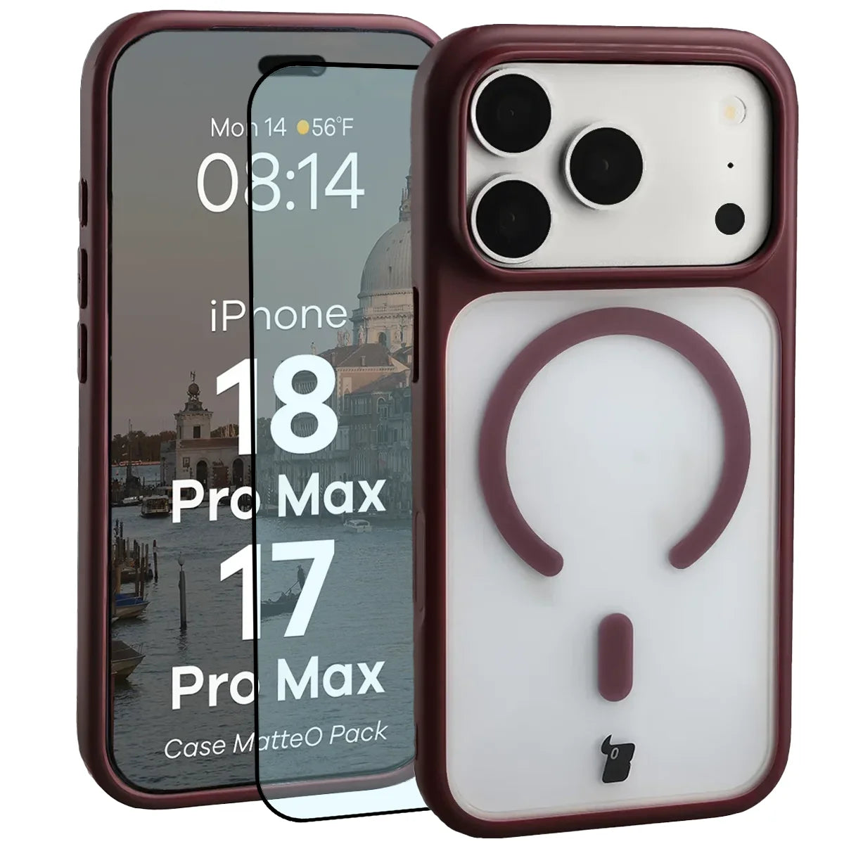 Schutzhülle mit Magnetring + gehärtetem Glas für iPhone 18 Pro Max / 17 Pro Max, Bizon MatteO Pack, Semitransparent mit burgunderrotem Rahmen (1/9)