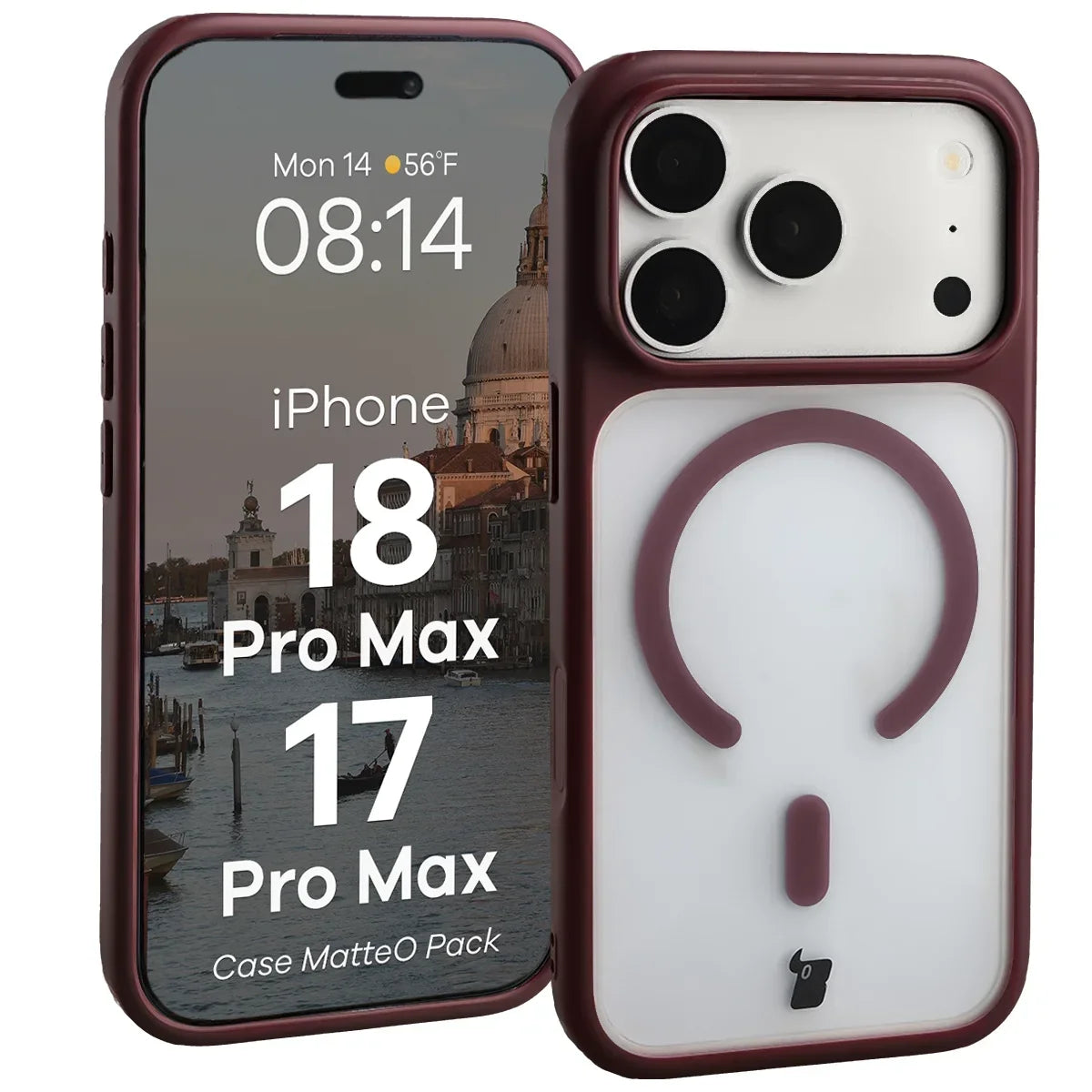 Schutzhülle mit Magnetring + gehärtetem Glas für iPhone 18 Pro Max / 17 Pro Max, Bizon MatteO Pack, Semitransparent mit burgunderrotem Rahmen (3/9)