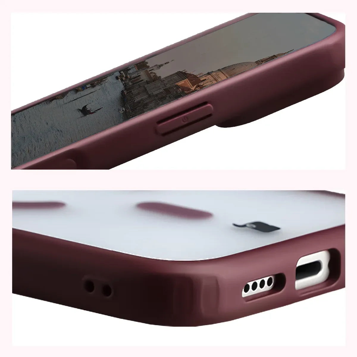 Schutzhülle mit Magnetring + gehärtetem Glas für iPhone 18 Pro Max / 17 Pro Max, Bizon MatteO Pack, Semitransparent mit burgunderrotem Rahmen (6/9)