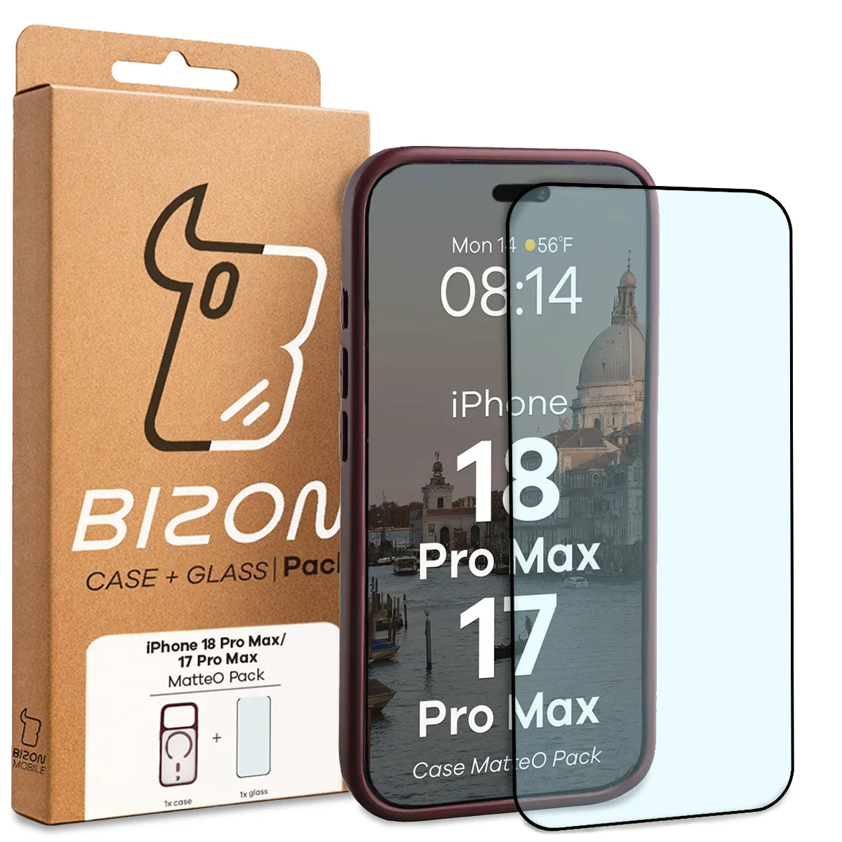 Schutzhülle mit Magnetring + gehärtetem Glas für iPhone 18 Pro Max / 17 Pro Max, Bizon MatteO Pack, Semitransparent mit burgunderrotem Rahmen (9/9)