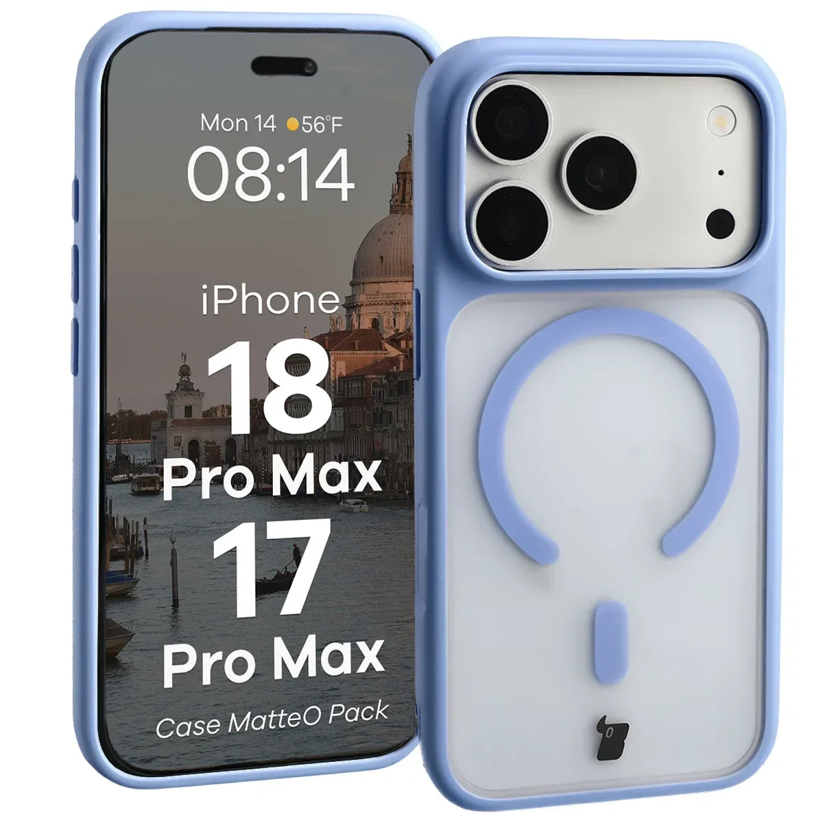 Schutzhülle mit Magnetring + gehärtetem Glas für iPhone 18 Pro Max / 17 Pro Max, Bizon MatteO Pack, Semitransparent mit hellblauem Rahmen (3/9)