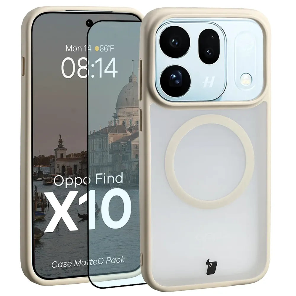 Handyhülle mit Magnetring + gehärtetem Glas für OPPO Find X10, Bizon MatteO Pack, Getönt-Beige (1/8)