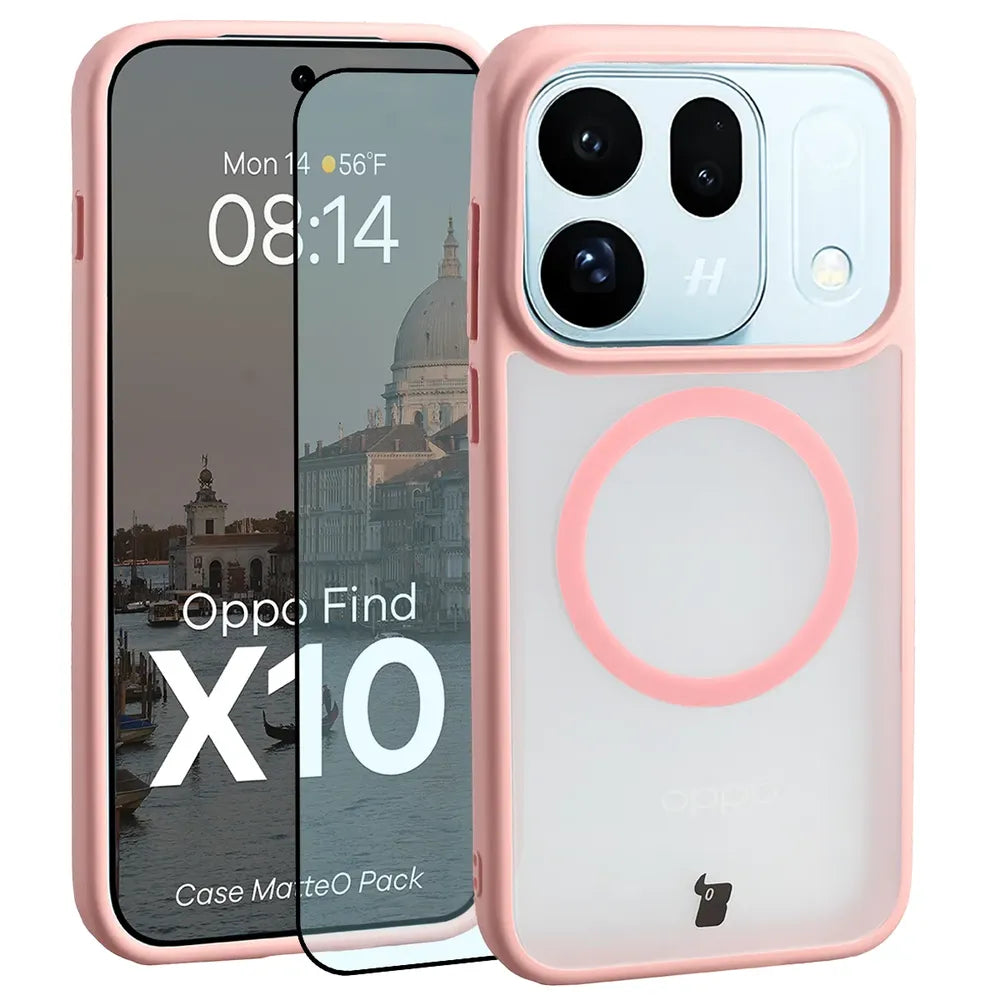 Handyhülle mit Magnetring + gehärtetem Glas für OPPO Find X10, Bizon MatteO Pack, Getönt-Hellrosa (1/8)