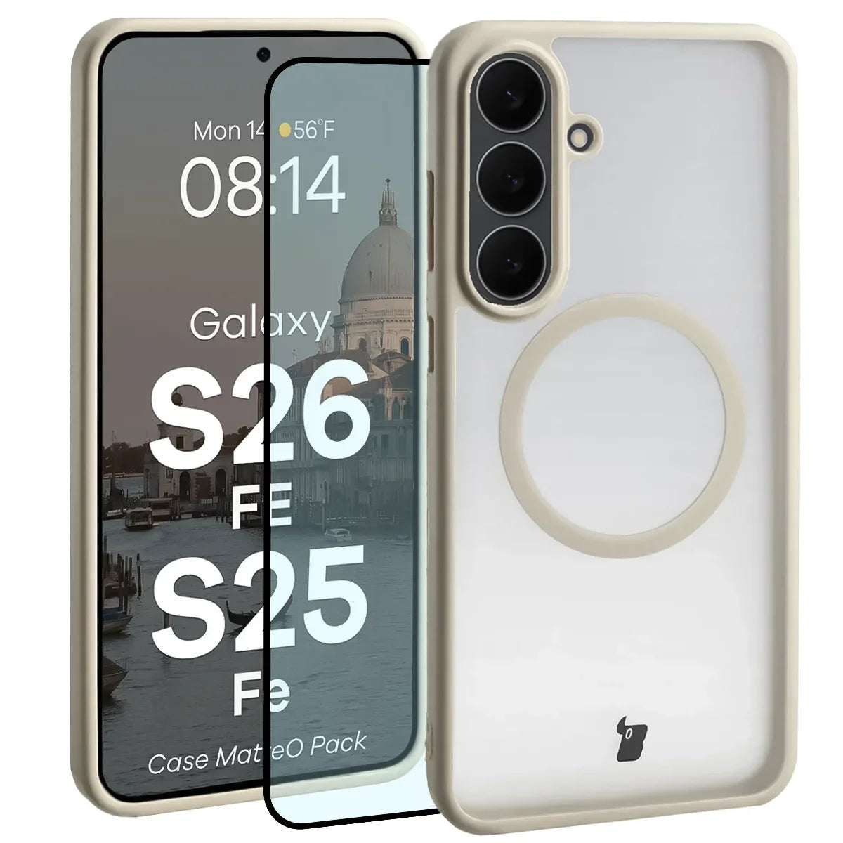 Schutzhülle mit Magnetring + gehärtetem Glas für Galaxy S26 FE / S25 FE, Bizon MatteO Pack, Getönt-Beige (1/9)