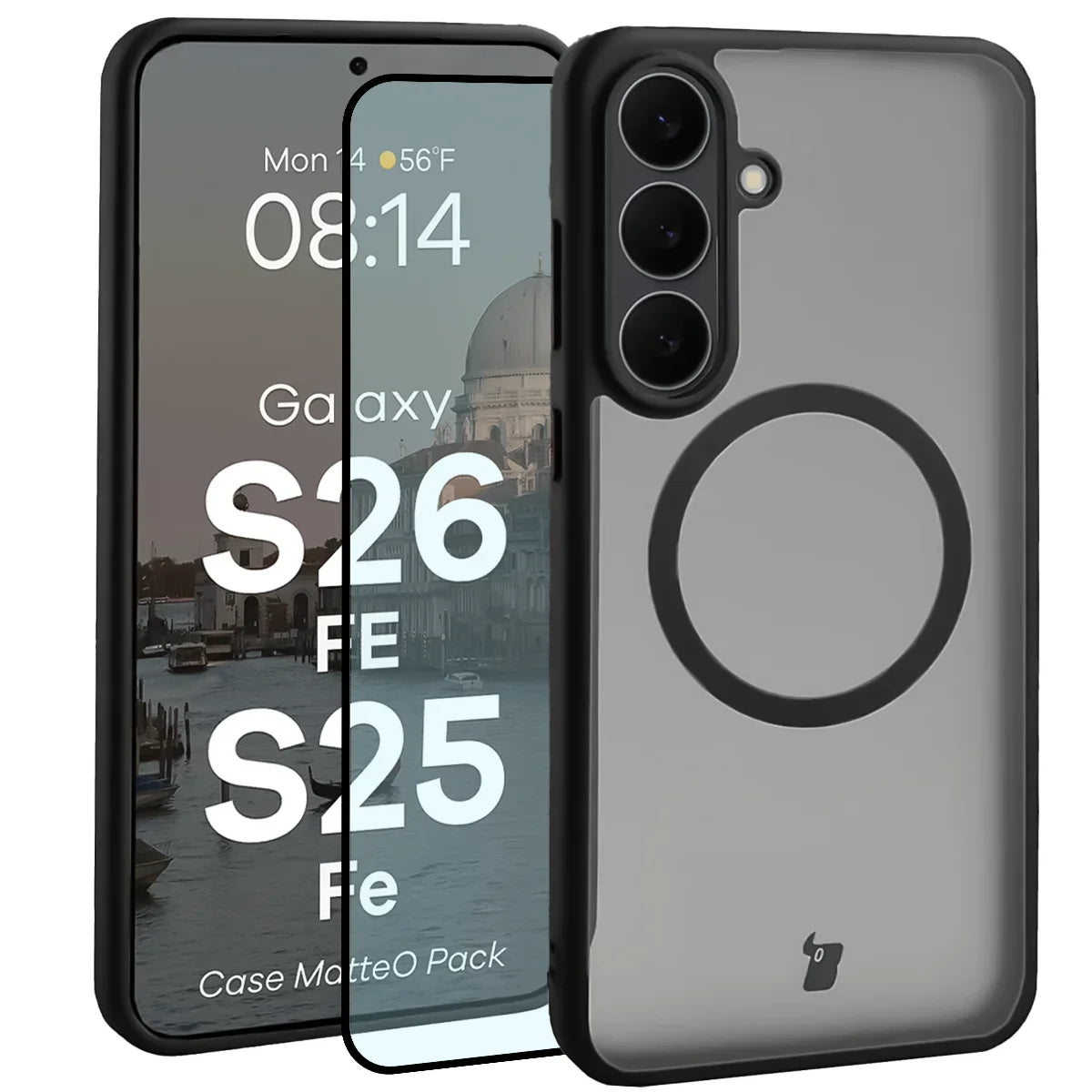 Schutzhülle mit Magnetring + gehärtetem Glas für Galaxy S26 FE / S25 FE, Bizon MatteO Pack, Getönt-Schwarz (1/9)