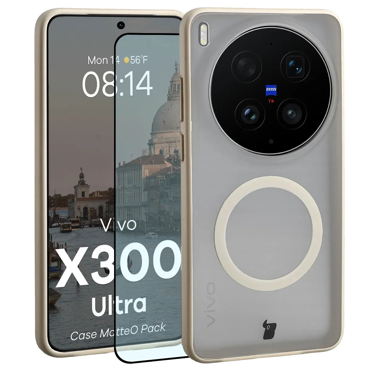 Schutzhülle mit Magnetring + gehärtetem Glas für Vivo X300 Ultra, Bizon MatteO Pack, Getönt-Beige