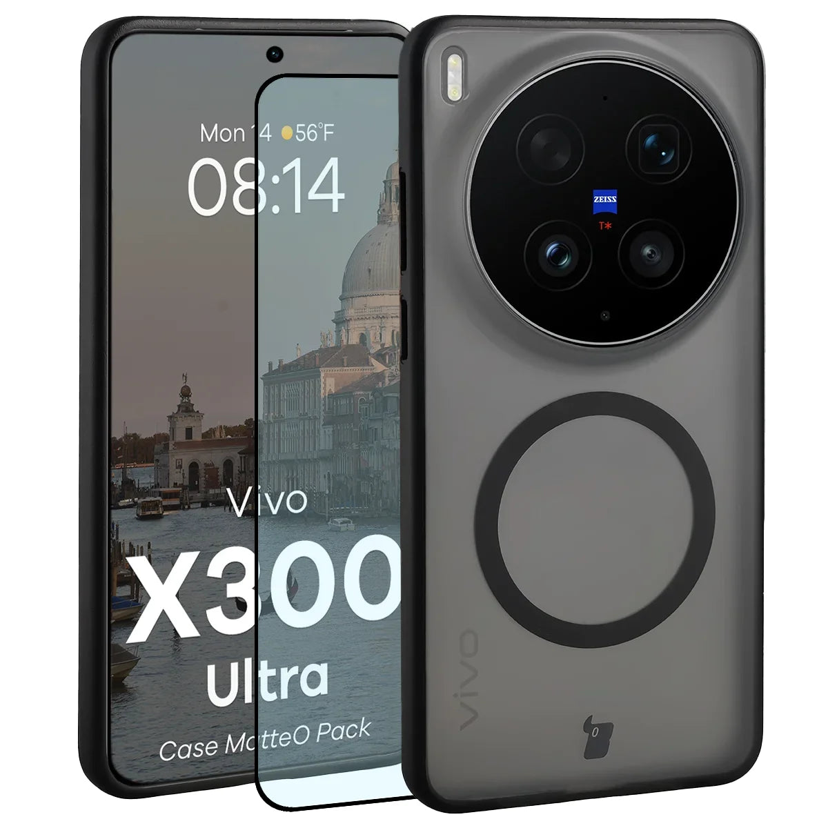 Schutzhülle mit Magnetring + gehärtetem Glas für Vivo X300 Ultra, Bizon MatteO Pack, Getönt-Schwarz