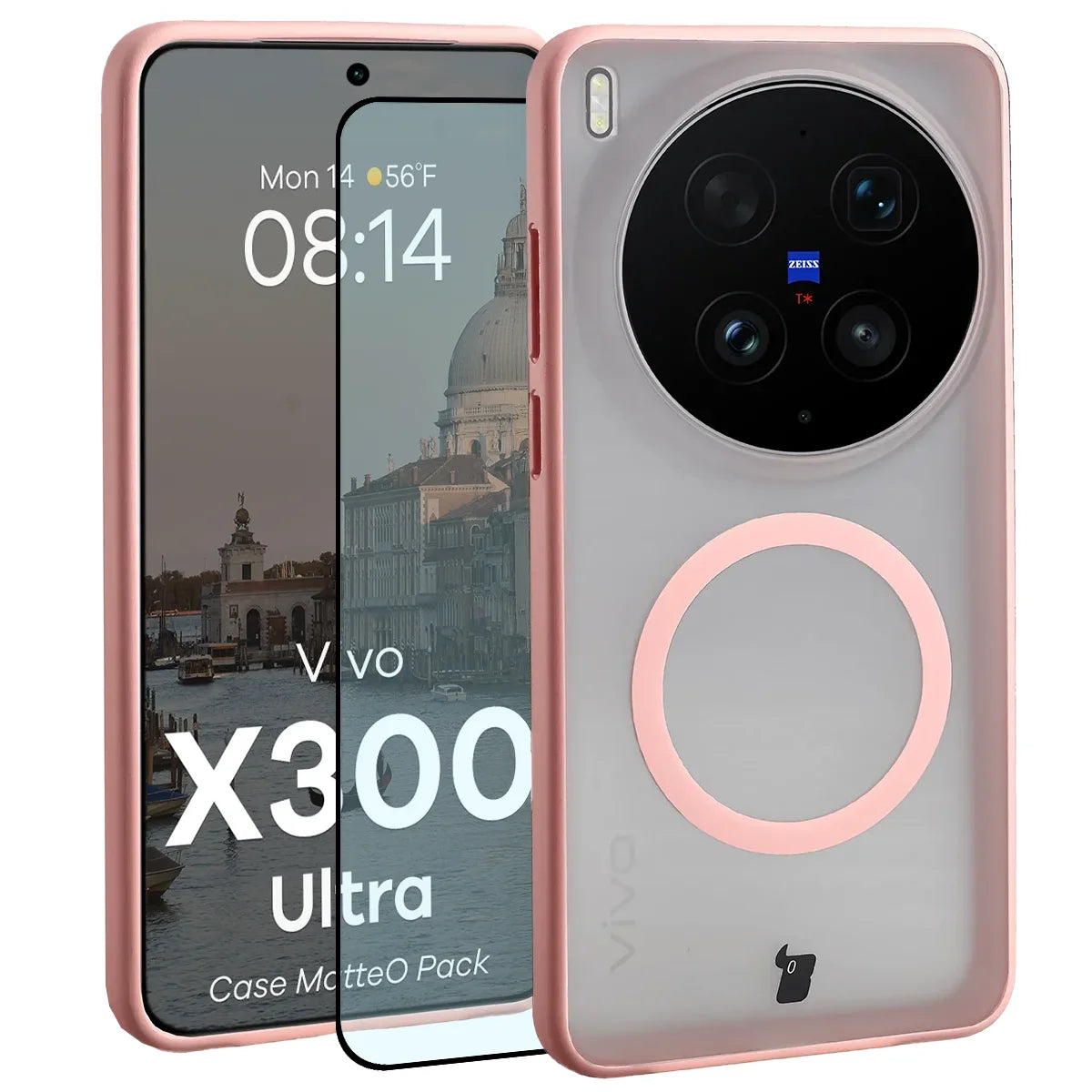 Schutzhülle mit Magnetring + gehärtetem Glas für Vivo X300 Ultra, Bizon MatteO Pack, Getönt-Hellrosa
