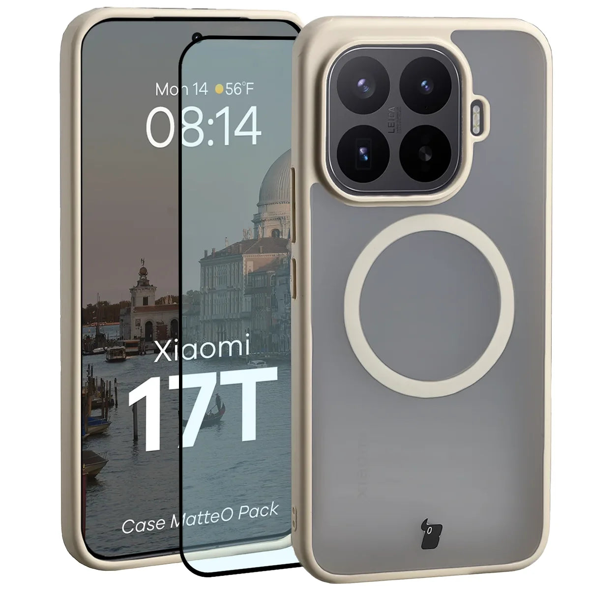 Schutzhülle mit Magnetring + gehärtetem Glas für Xiaomi 17T, Bizon MatteO Pack, Getönt-Beige