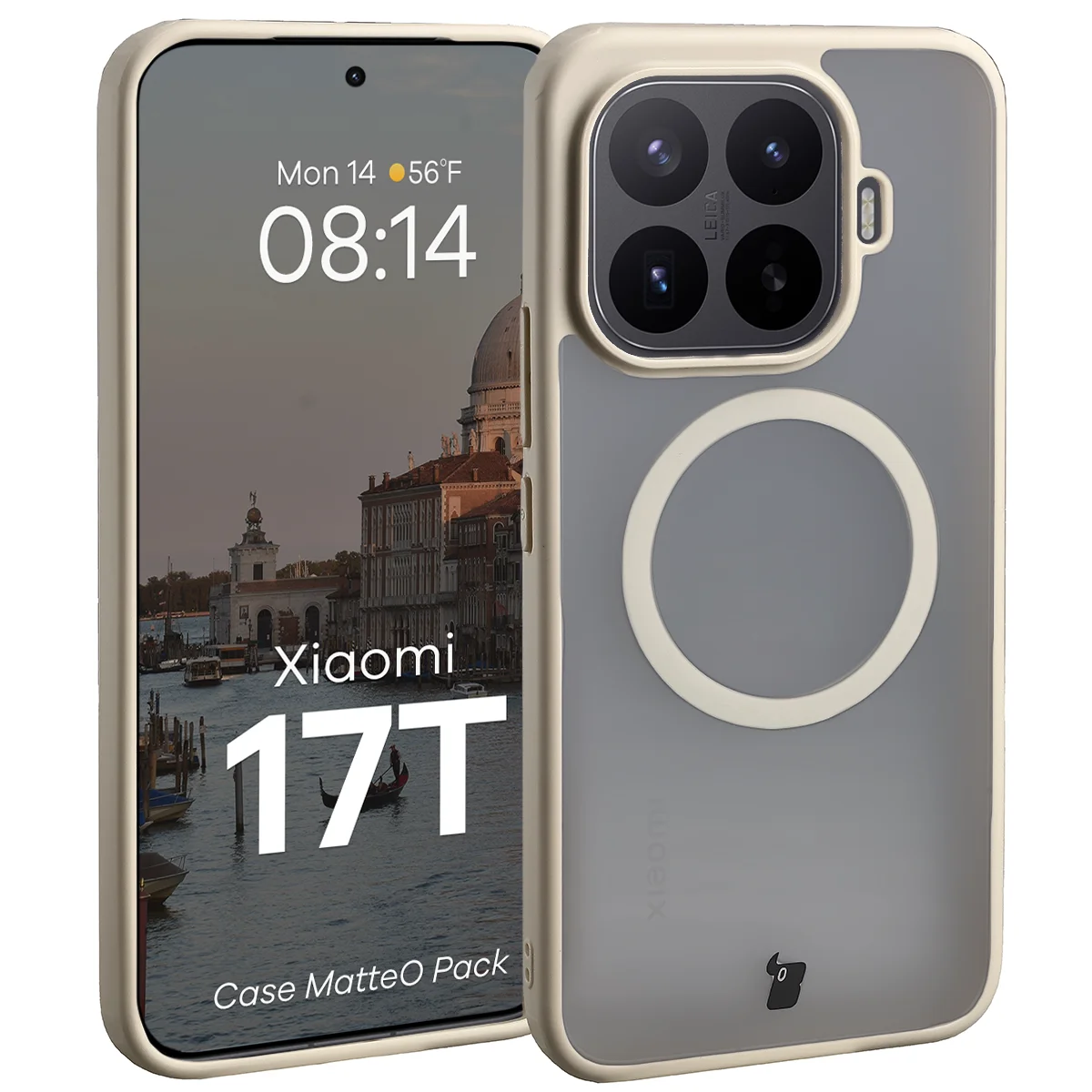 Schutzhülle mit Magnetring + gehärtetem Glas für Xiaomi 17T, Bizon MatteO Pack, Getönt-Beige