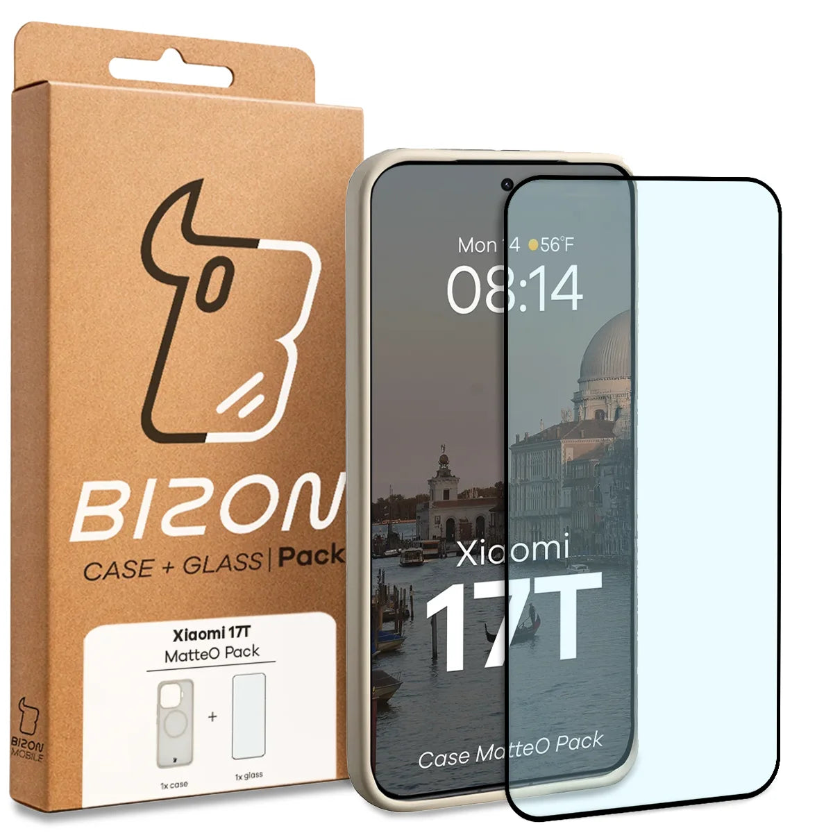 Schutzhülle mit Magnetring + gehärtetem Glas für Xiaomi 17T, Bizon MatteO Pack, Getönt-Beige