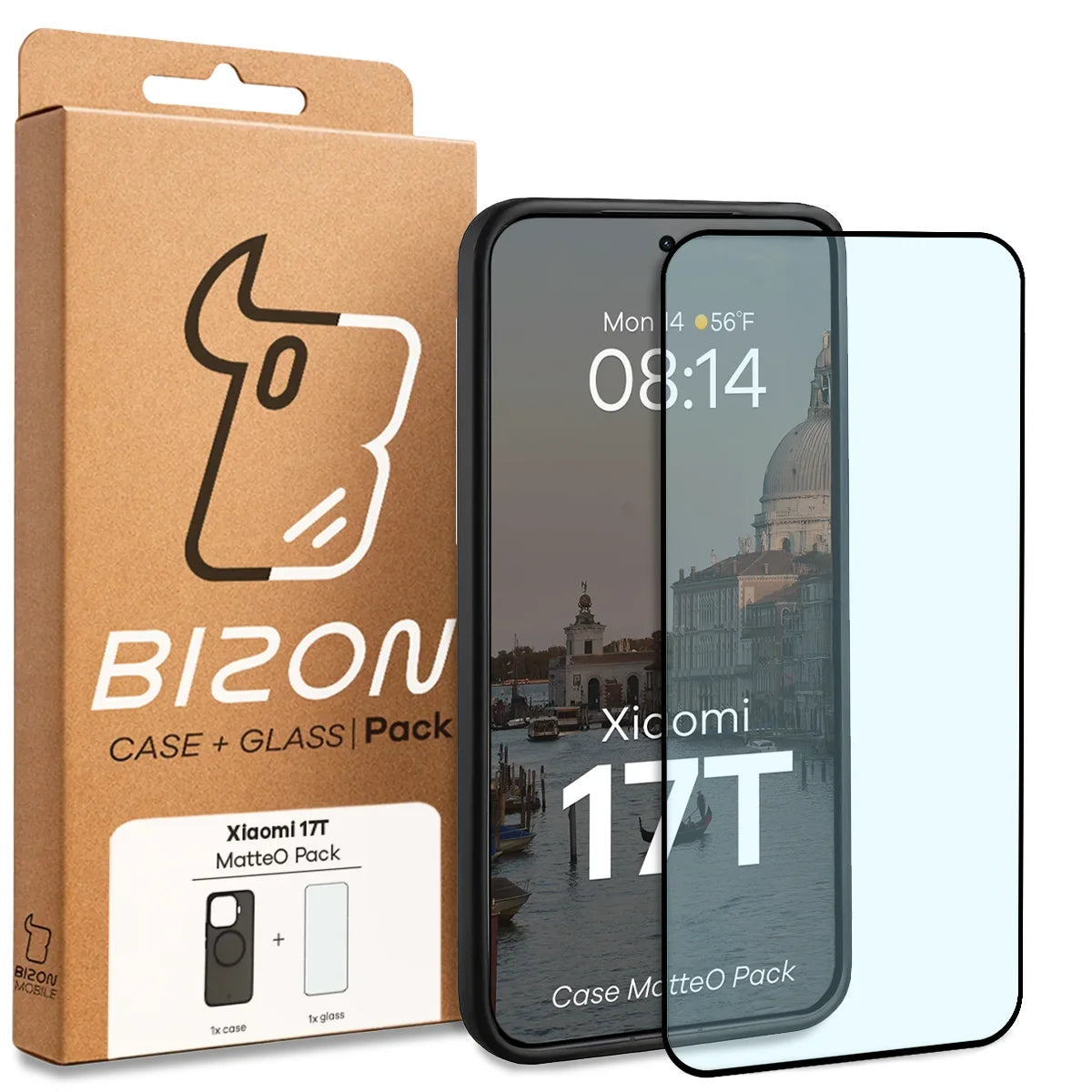 Schutzhülle mit Magnetring + gehärtetem Glas für Xiaomi 17T, Bizon MatteO Pack, Getönt-Schwarz