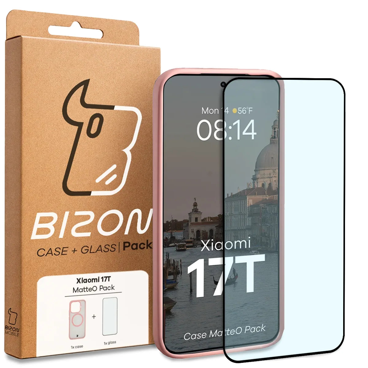 Schutzhülle mit Magnetring + gehärtetem Glas für Xiaomi 17T, Bizon MatteO Pack, Getönt-Hellrosa
